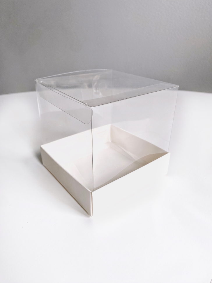 Коробка с прозрачной крышкой 10х10х10 см, белая, самосборная, крафт картон