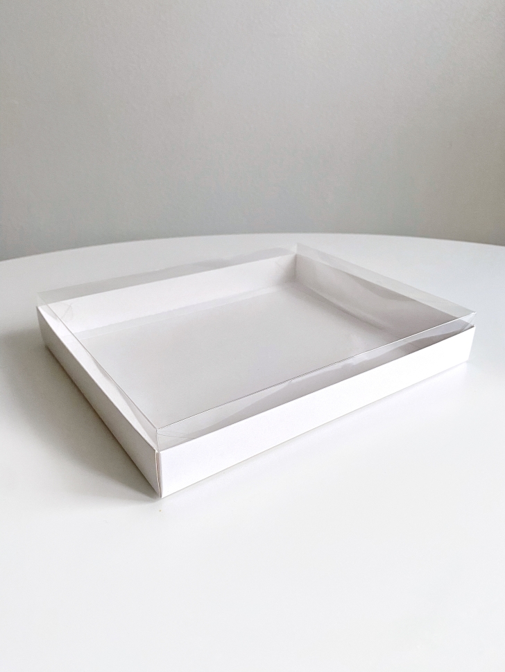 Коробка с прозрачной крышкой 26х21х3 см, белая, самосборная, крафт картон