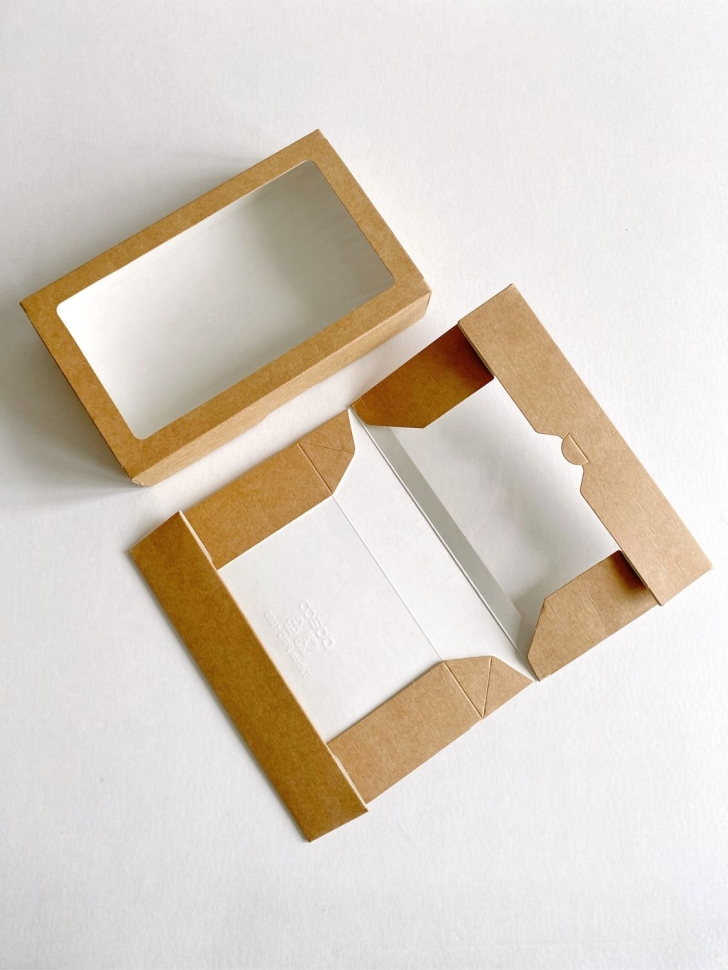 Коробка с окном 20х12х4 см, бежевая, самосборная, крафт картон