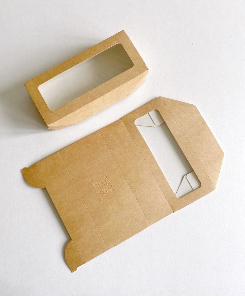 Коробка с окном 16,5х7х4 см, бежевая, самосборная, крафт картон