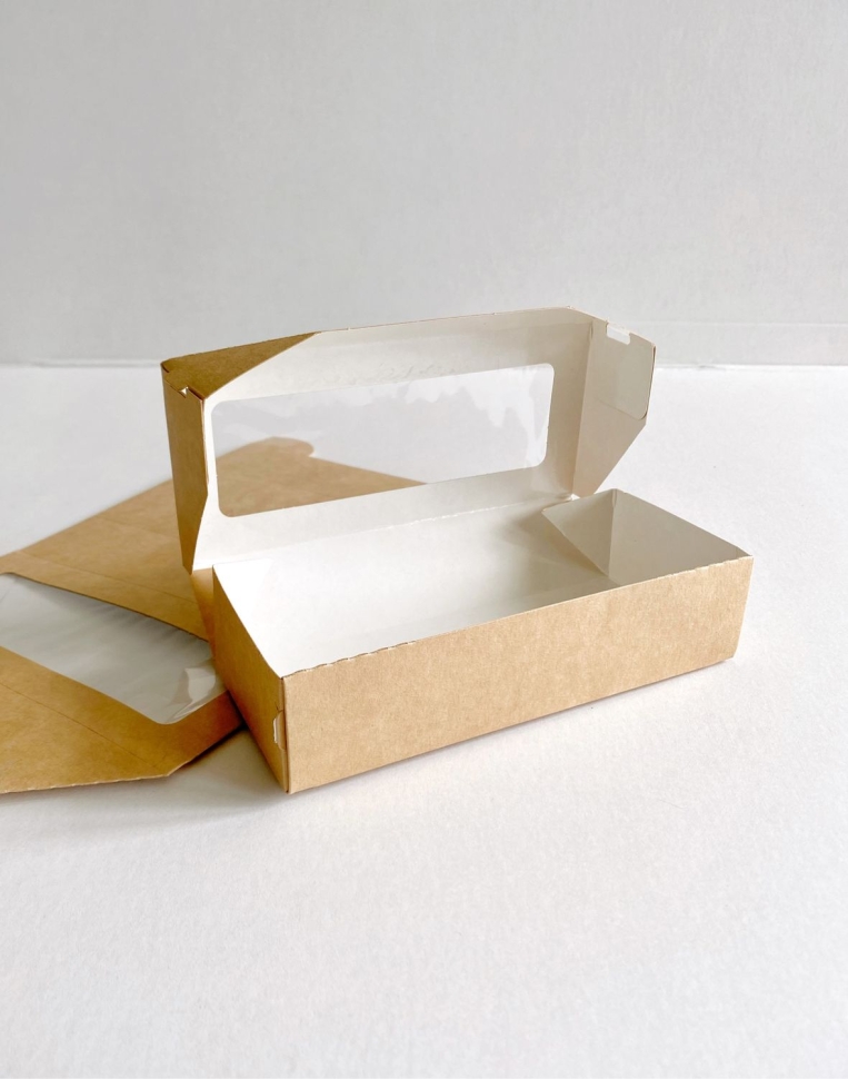 Коробка с окном 16,5х7х4 см, бежевая, самосборная, крафт картон