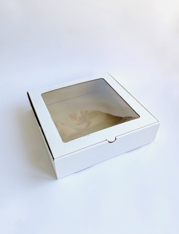 Коробка с окном 25х25х6,5 см, белая, самосборная, микрогофрокартон  