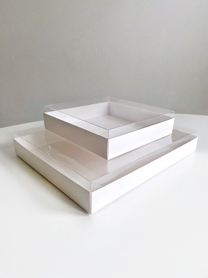 Коробка с прозрачной крышкой 16х16х4 см, белая, самосборная, крафт картон