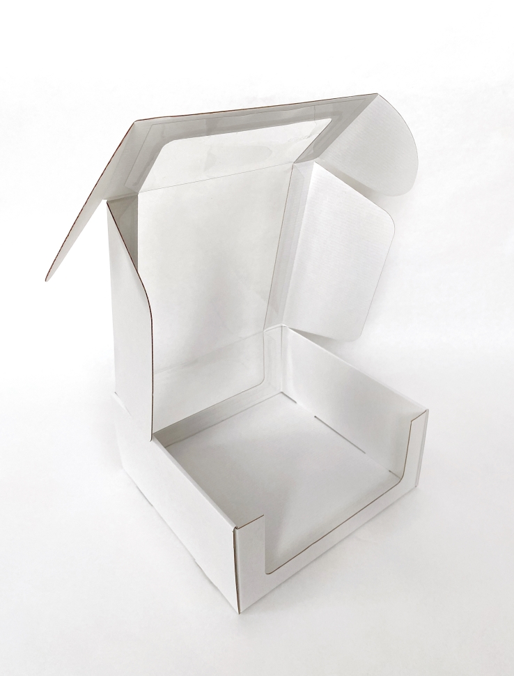 Коробка с окном 24х24х11 см, белая, самосборная, микрогофрокартон