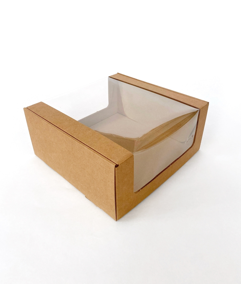 Коробка с окном 24х24х11 см, бурая, самосборная, микрогофрокартон