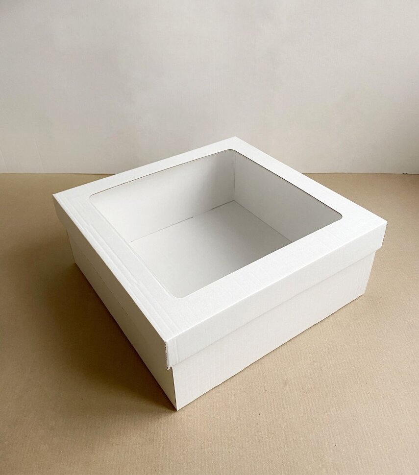 Коробка крышка+дно с окном 35х35х12 см, белая, самосборная, микрогофрокартон