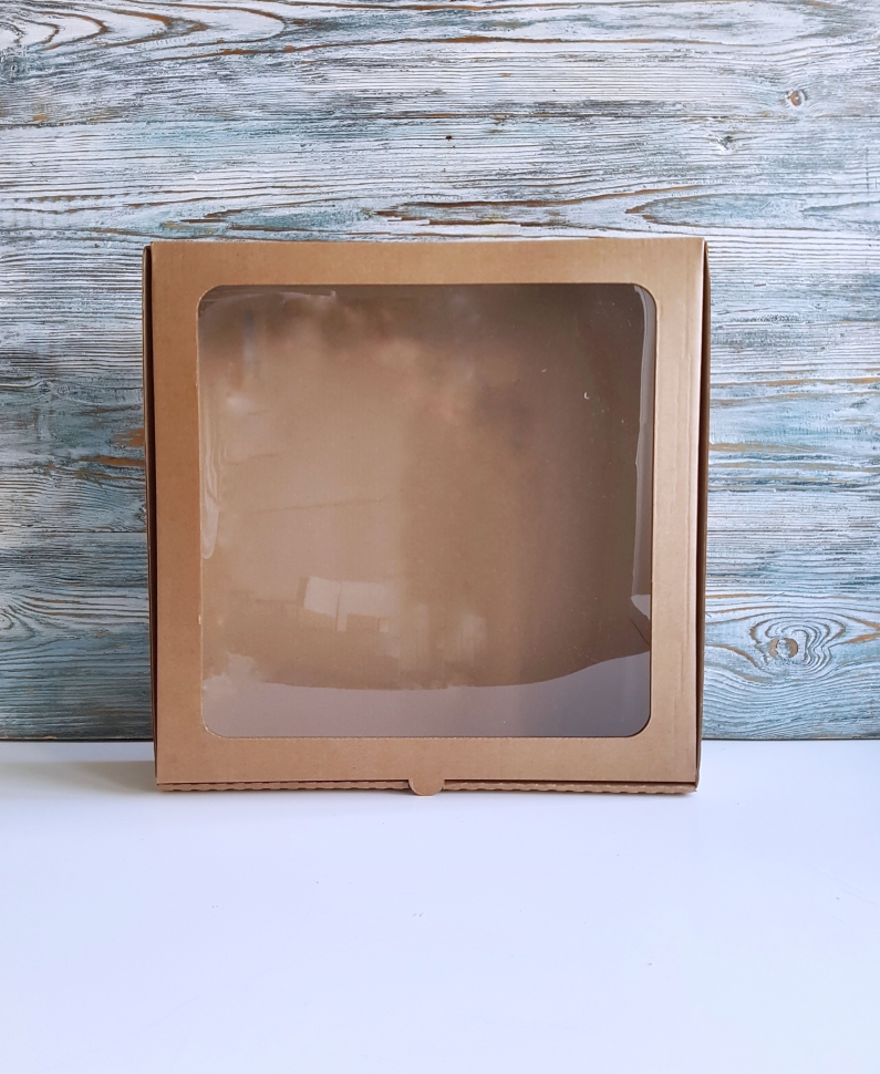 Коробка с окном, 30х30х6 см, бурая, самосборная, микрогофрокартон