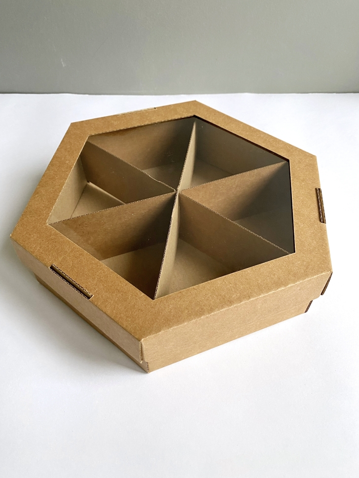 Коробка крышка+дно с разделителями 22х22х6 см., бурая