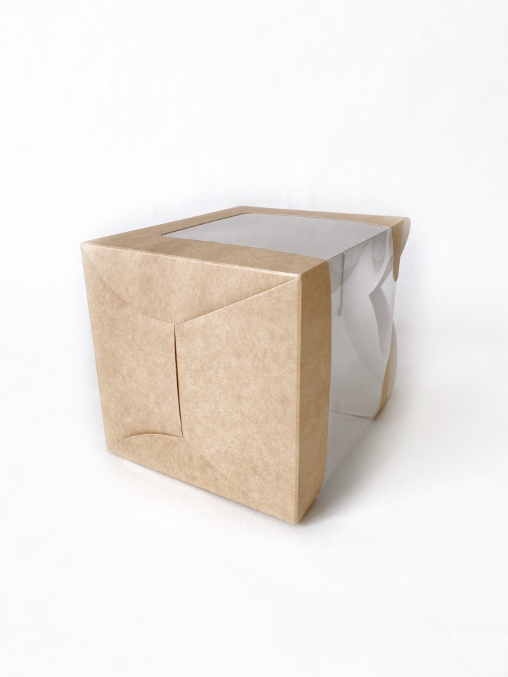 Коробка для кулича с окном 14х14х16 см, бурая, самосборная, крафт картон