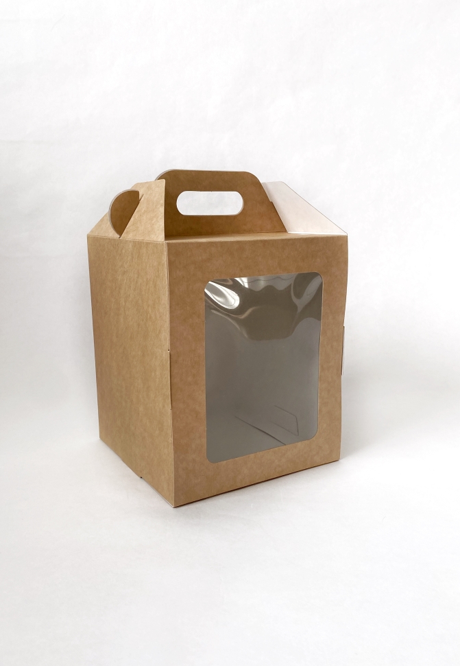 Коробка для кулича с фронтальной загрузкой 15х15х18 см, бурая, самосборная, крафт картон