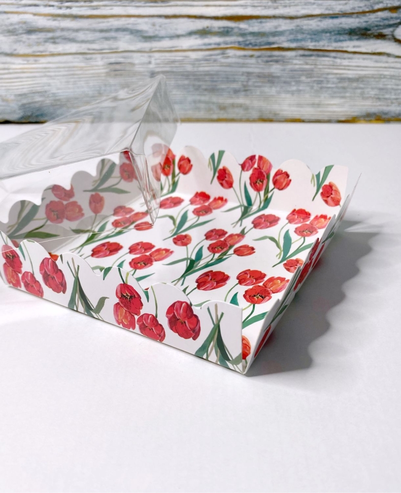 Коробка для пряников 12х12х3 см «Тюльпаны», самосборная, мелованный картон